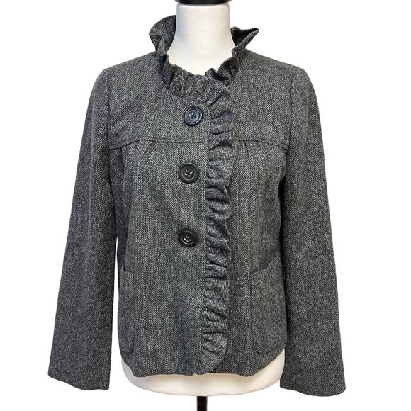 J.Crew Vintage Tweed Ruffle Wool Blazer Button Up Jacket Herringbone Lined 8 - Picture 6 of 12